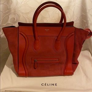 Celine Luggage Satchel Red lipstick Leather Velvet